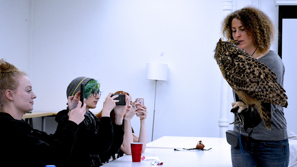 classroom photo of instructor holding a live owl, students taking pictures