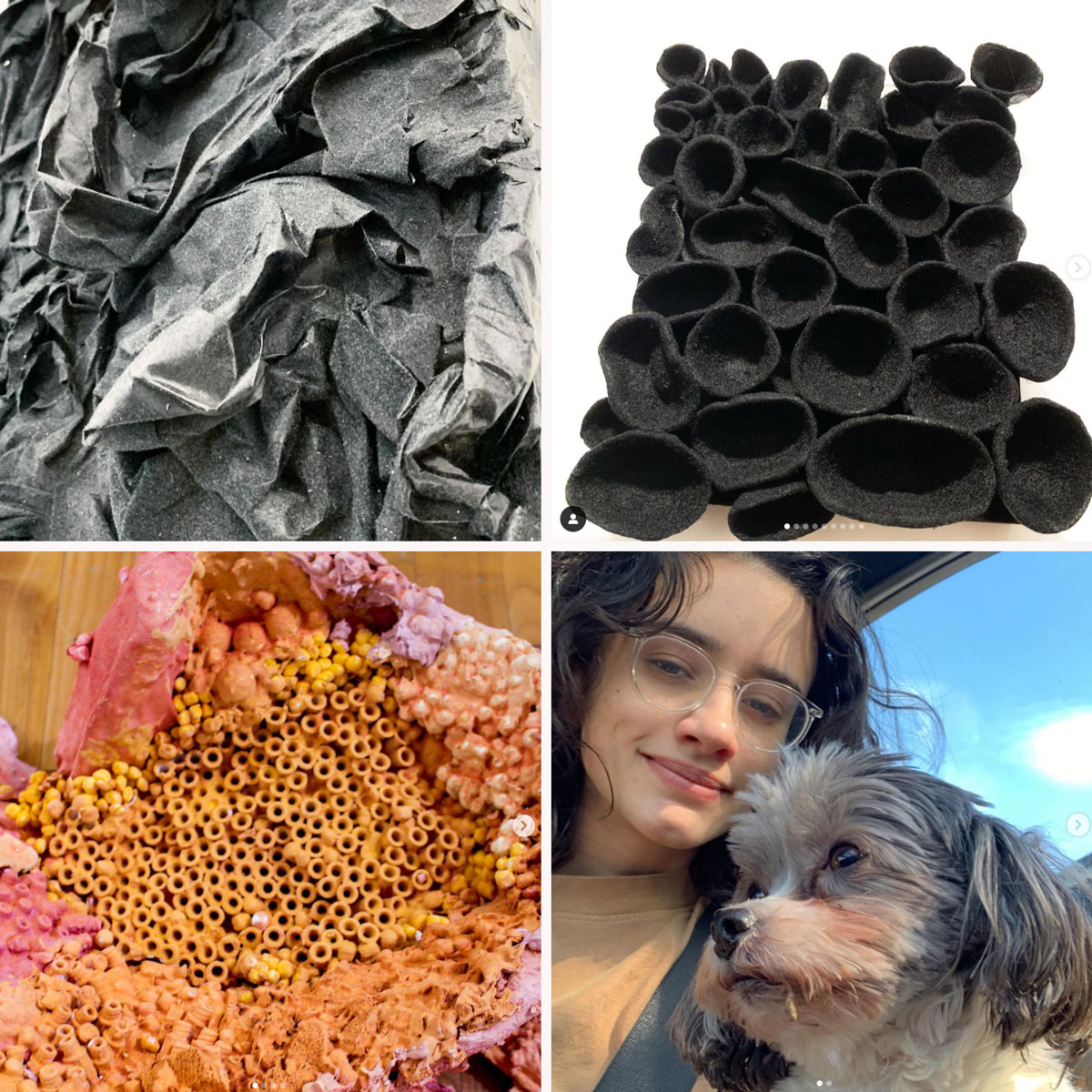 Three images of art and a photo of a person and a dog.