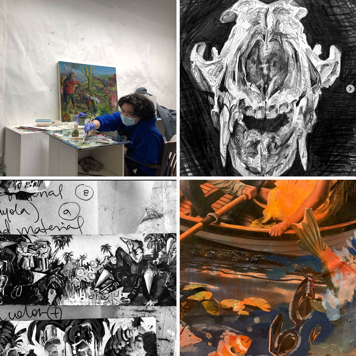 Three images of art and a photo of a person painting.