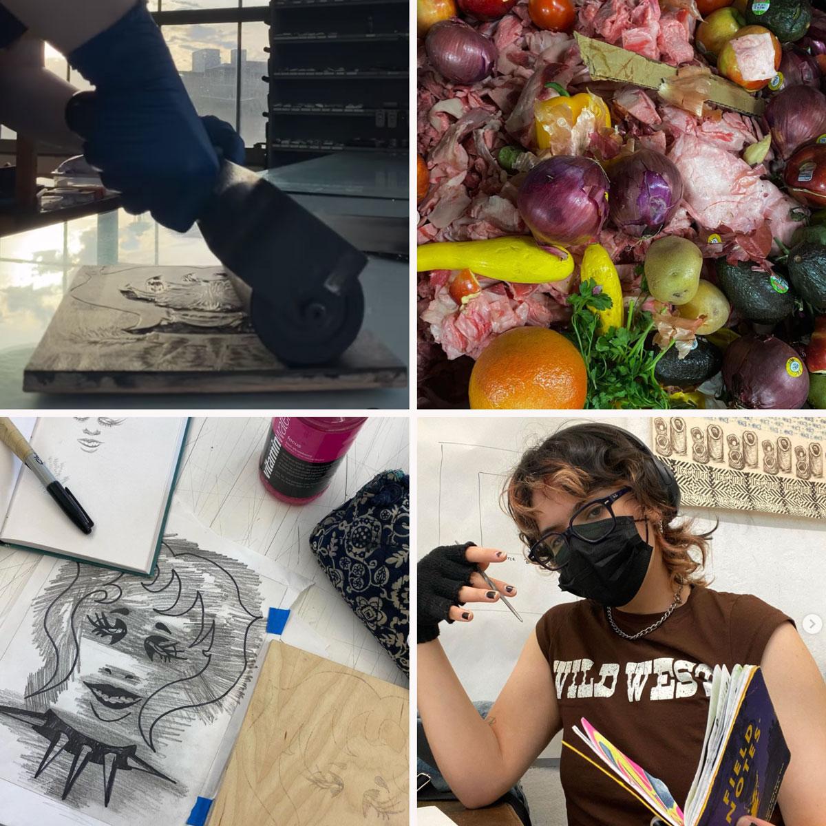 Two art photos, a photo of a person, and a photo of a person adding ink to a woodblock.