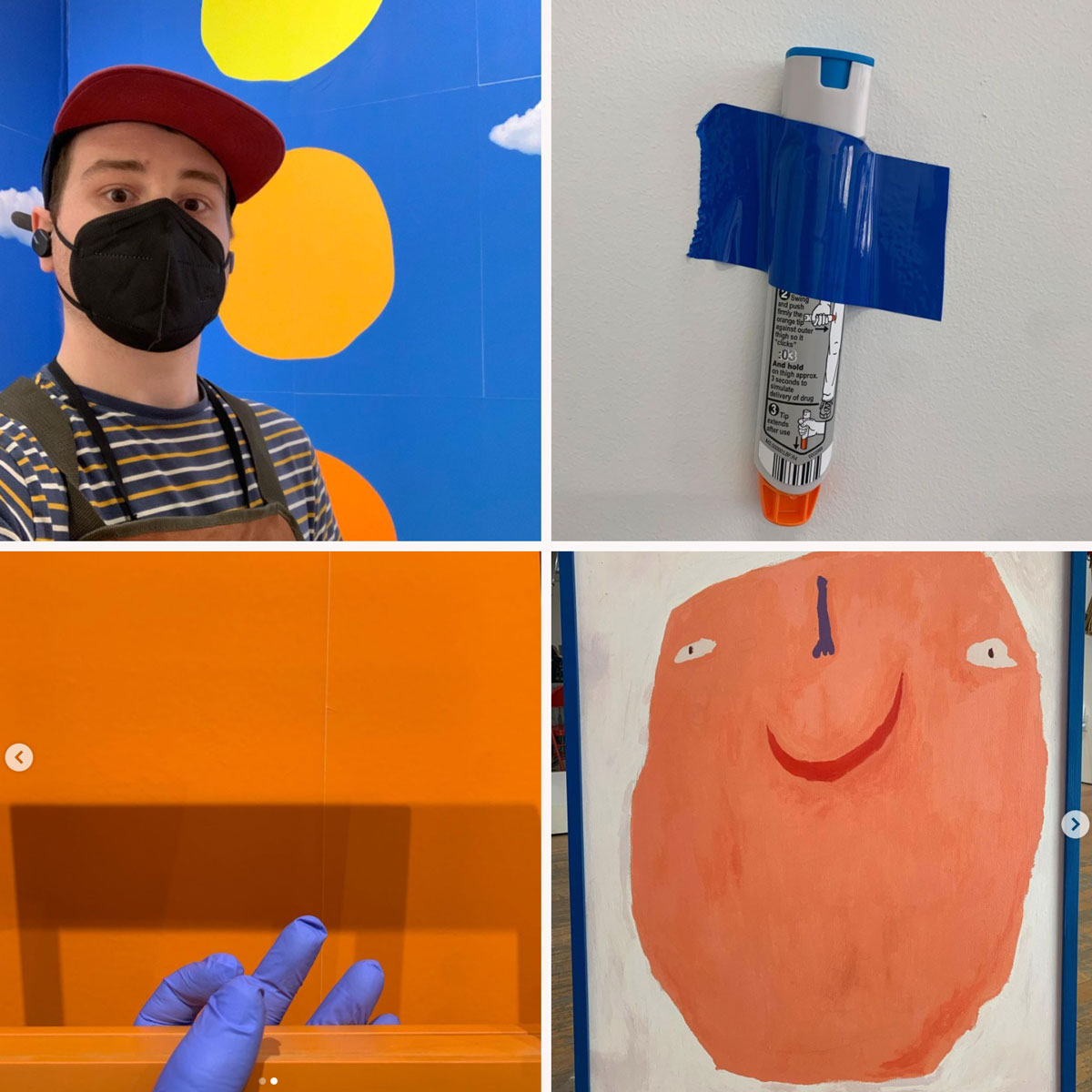 Three images of art and one of a person.